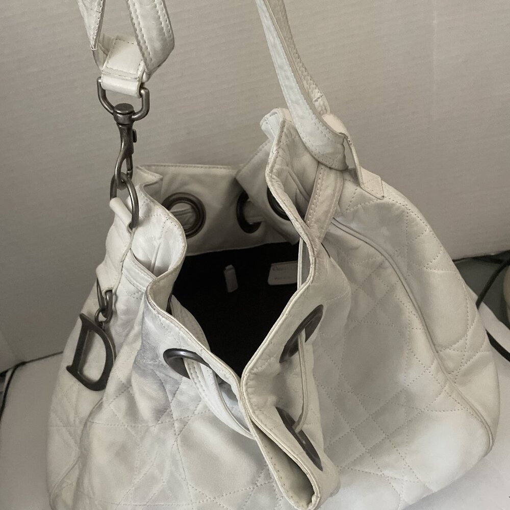 Christian Dior Lady Dior Canage Shoulder Bag Lamb Skin White Auth - Pre-owned